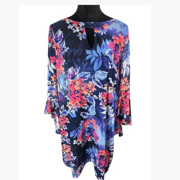 Vintage Roz n Ali Floral Print Belle Sleeve Chiffon Multicolor Dress Sz 16 EUC - Picture 1 of 12